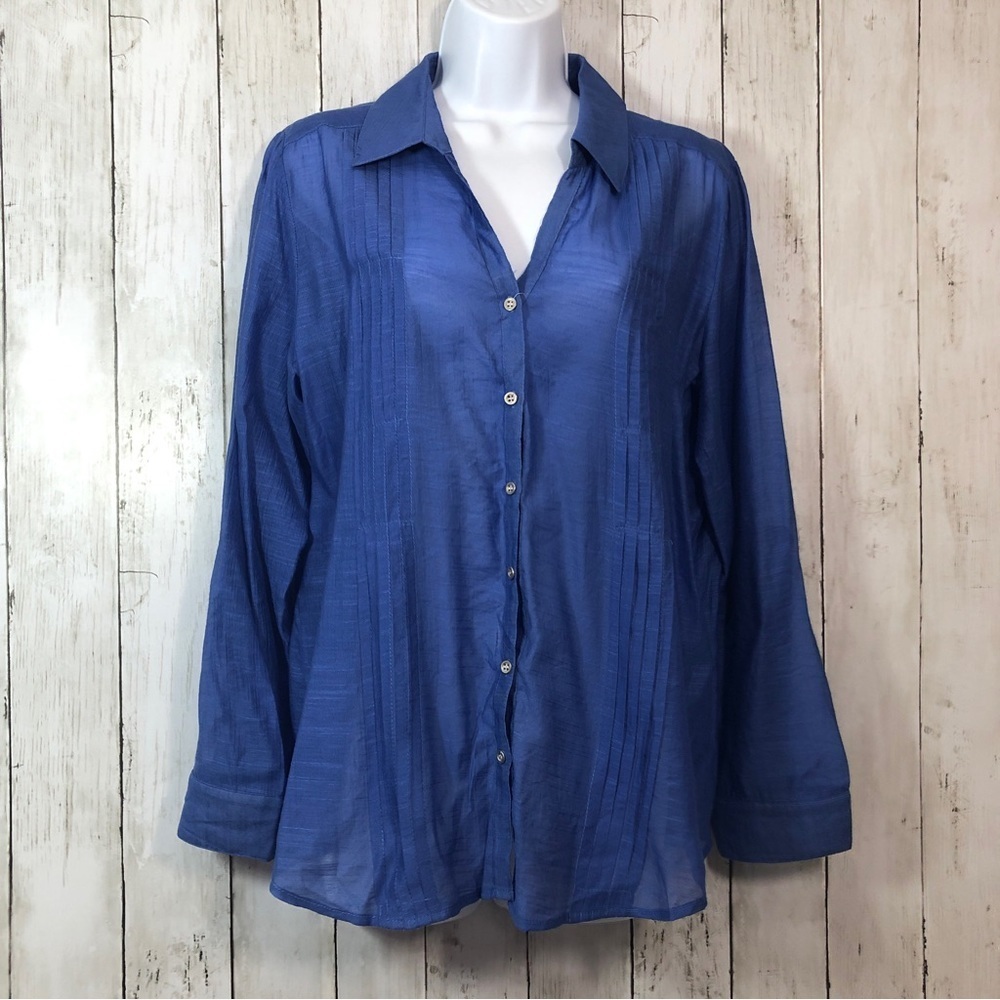 Chico’s Pleated Button Up Roll Tab Sleeves Blue Tunic 1 (Medium)